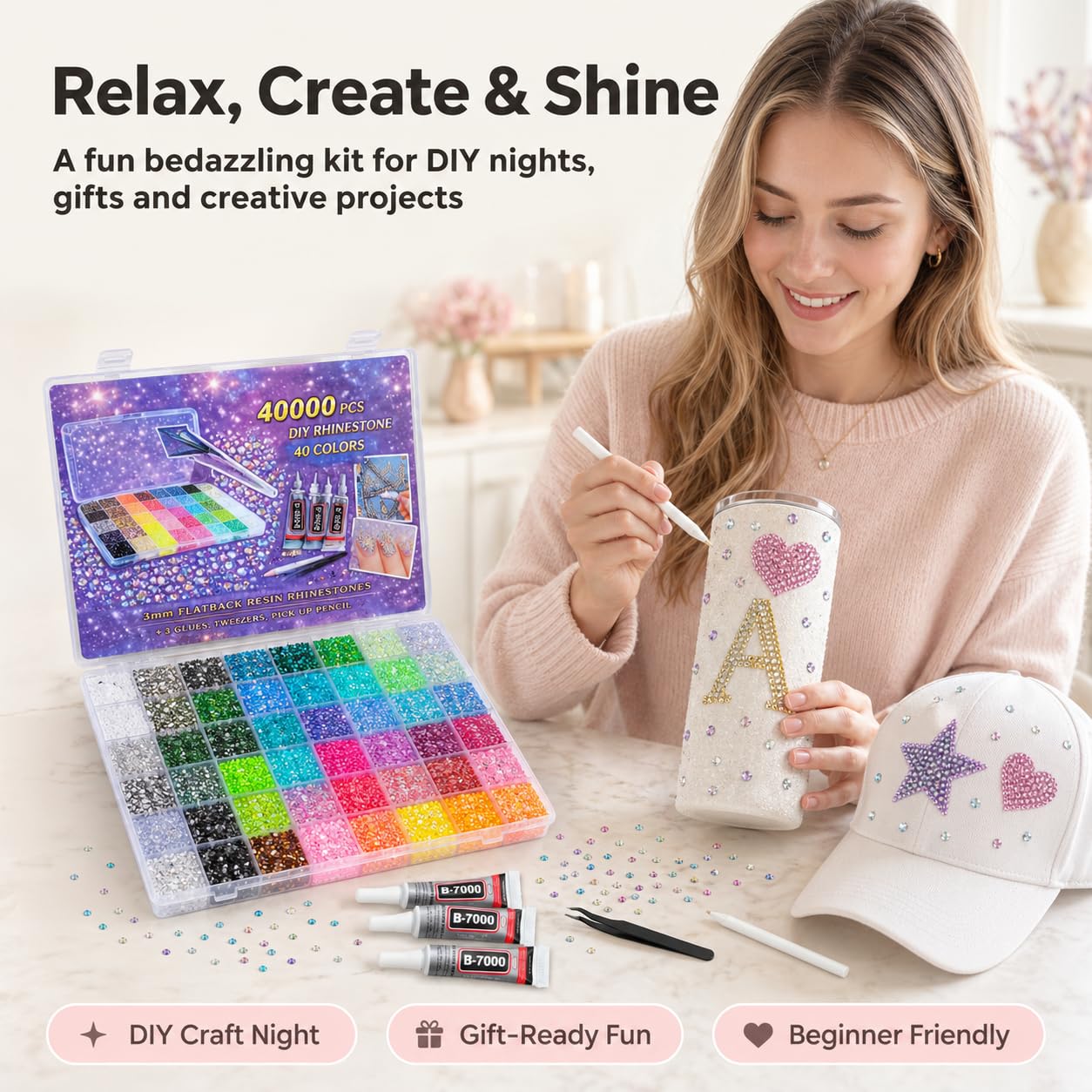 40000 PCS 40 Colors Rhinestones for Bedazzling, 3mm Flatback Resin Gems, Bedazzler Kit with Rhinestones and Tools, 3Pcs B7000 Jewelry Glue, Bedazzling Kit for Nails Clothes Shoes Books Crafts