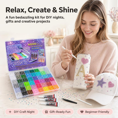 40000 PCS 40 Colors Rhinestones for Bedazzling, 3mm Flatback Resin Gems, Bedazzler Kit with Rhinestones and Tools, 3Pcs B7000 Jewelry Glue, Bedazzling Kit for Nails Clothes Shoes Books Crafts