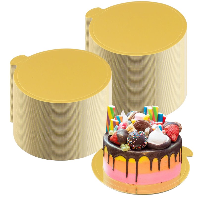 zsccxq 100 Pcs 4 Inch Mini Cake Boards Round Golden Mousse Cake Boards Disposable Cardboard Plate Round Coated Cakeboard for Kitchen Baking Caking Pizza Dessert Cupcake Tray (4 Inch)