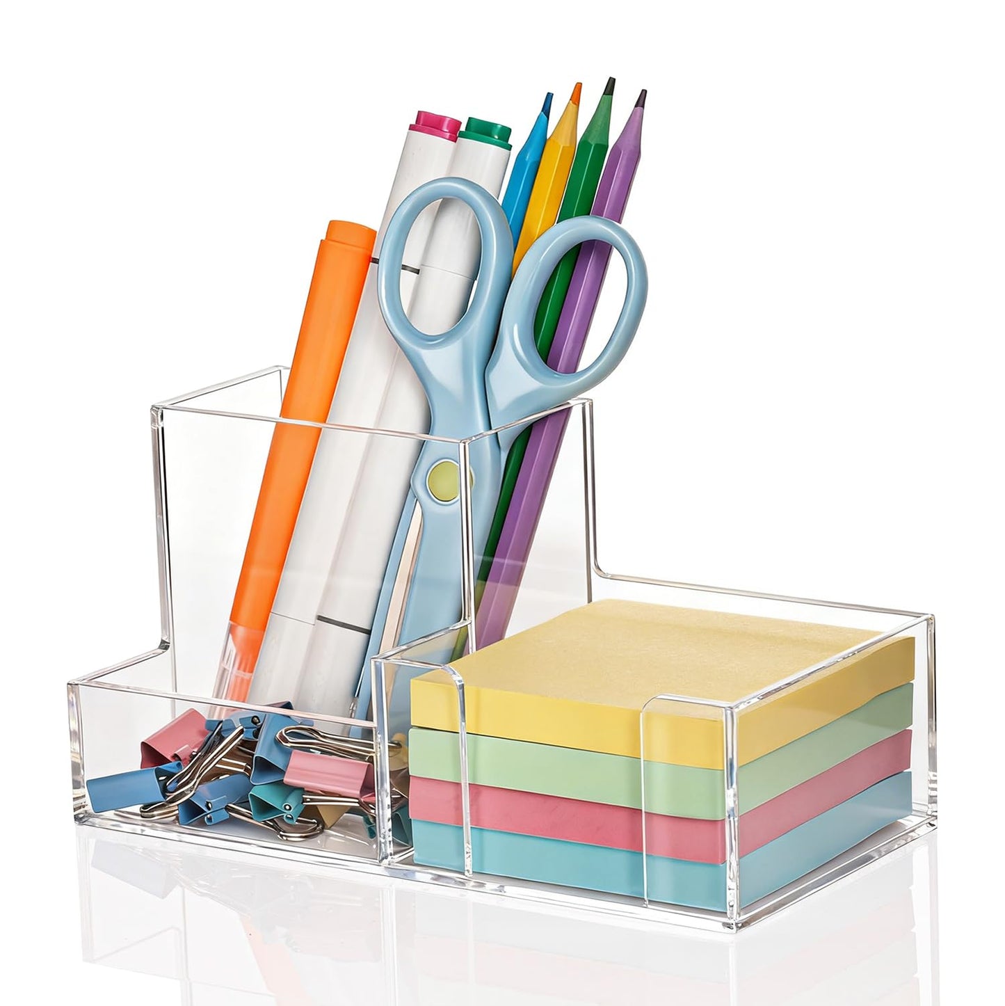Pen Holder for Desk Clear Pencil Holder with Sticky Notes Holder Acrylic 3 Compartments Desk Organizer Office Desk Accessories for Office, School, Home, Makeup Brush Holder for Bedroom Bathroom