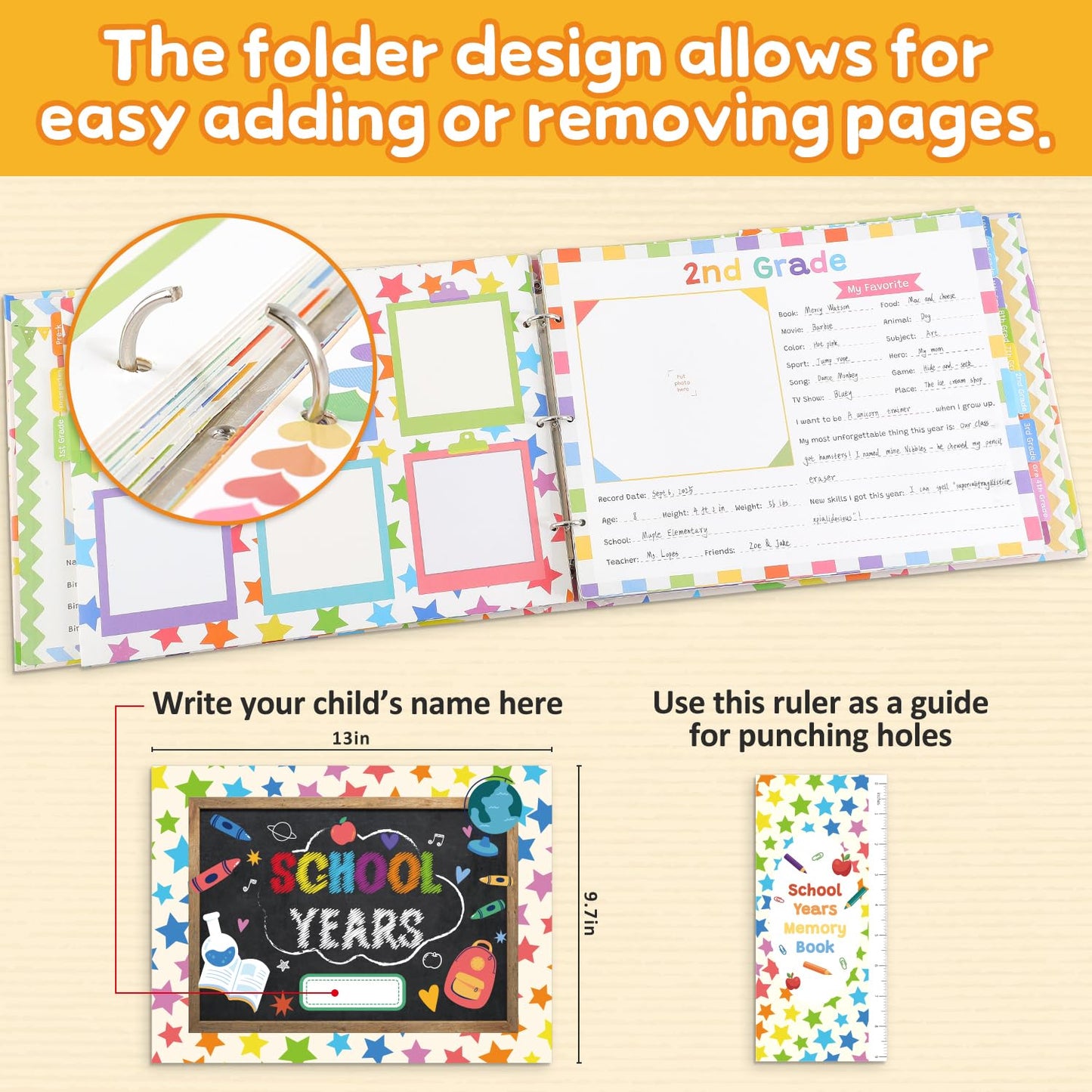 Scrapbooking Albums for Kids School Years Memory Book, Preschool to 12th Grade, 17 Pocket Pages for Photos & Artwork, Includes Birthday/Christmas/Halloween Pages, Index Tabs & Ruler, Gift-Ready Box