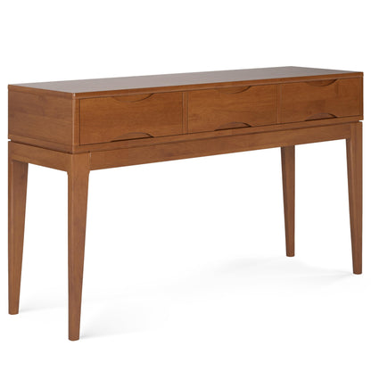 SIMPLIHOME Harper Console Table - 54 Inch Wide Solid Hardwood Sofa Table in Teak Brown, Mid-Century Modern Storage Table for Entryway or Living Room with 3 Drawers, Notched Handles, and Tapered Legs
