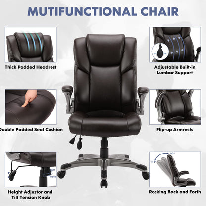 COLAMY Leather Executive Office Chair- High Back Home Computer Desk Chair with Padded Flip-up Arms, Adjustable Tilt Lock, Swivel Rolling Ergonomic Chair for Adult Working Study-Brown, Set of 2
