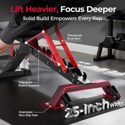 FLYBIRD WB7 Weight Bench, Commercial Grade Adjustable Weight Bench - 1300LBS Workout Bench for Home Gym, Flat Incline Bench Press Heavy Duty Bench with 34'' Extra-Long Backrest and Easy-Roll Wheels