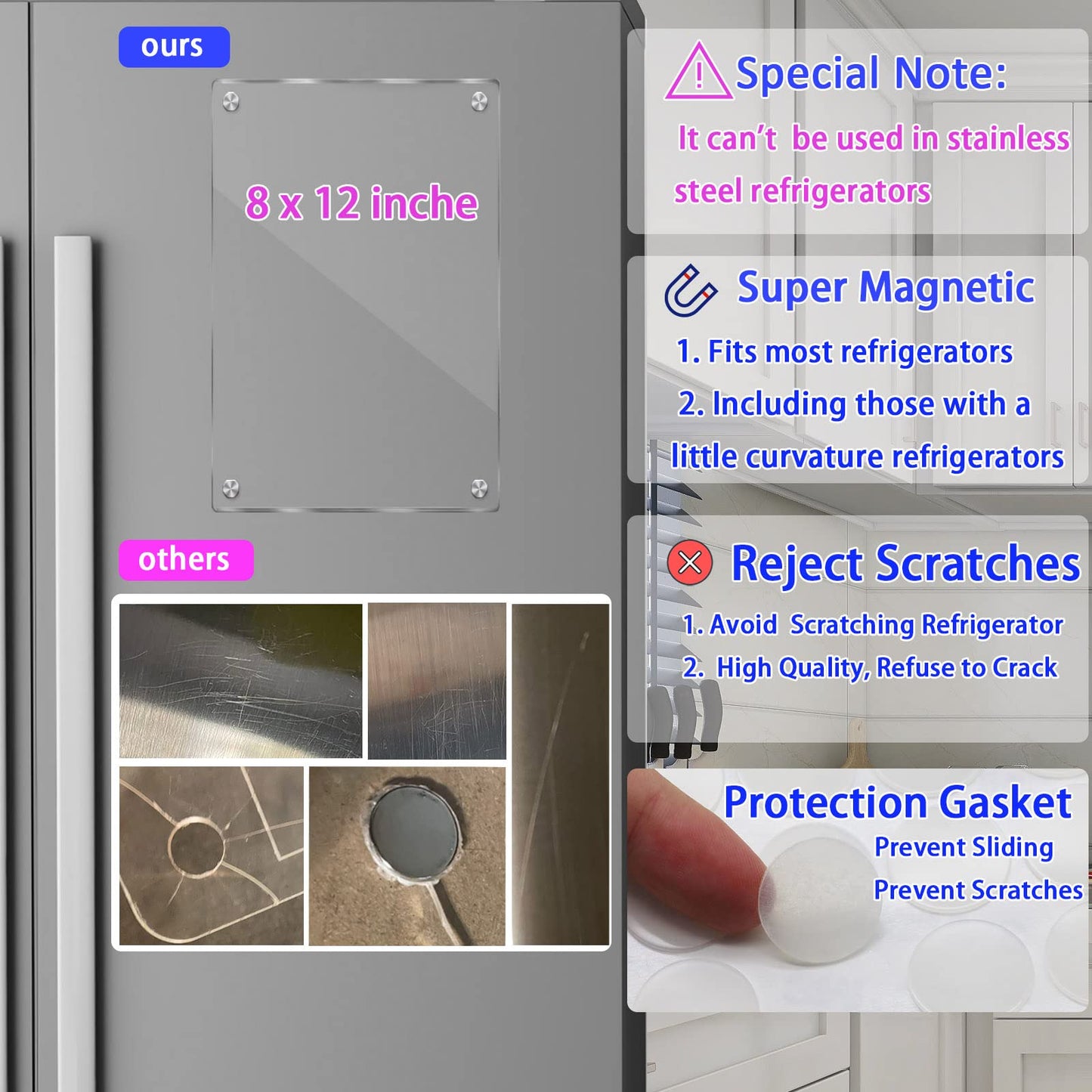 JonXon 8"x12" Acrylic Magnetic Dry Erase Board for Fridge, Clear Acrylic Magnet Calendar for Refrigerator,Includes 6 Dry Erase Markers(Clear Blank)