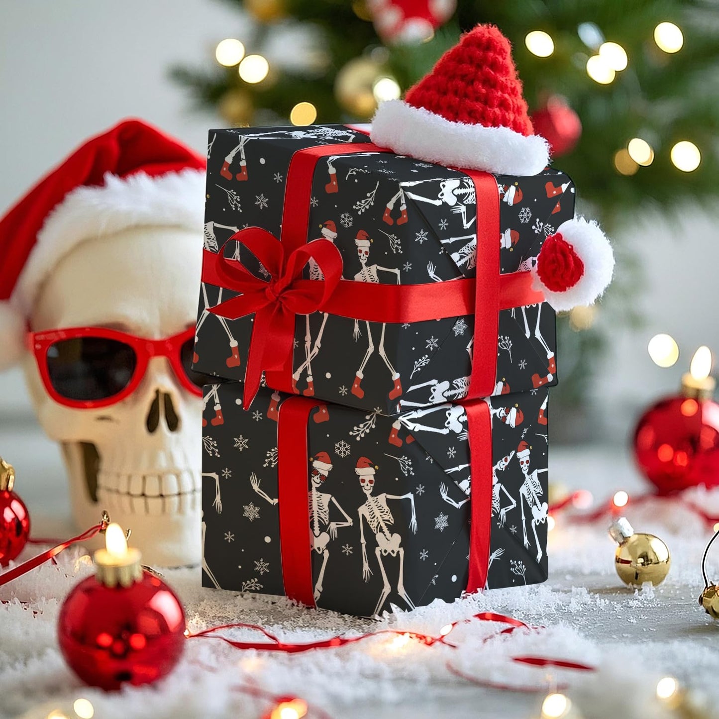 WRAPAHOLIC Funny Christmas Wrapping Paper - Mini Roll - 17 Inch x 16.5 Feet - Dancing Skeleton Wrapping Paper for Christmas Holiday, Party Celebration