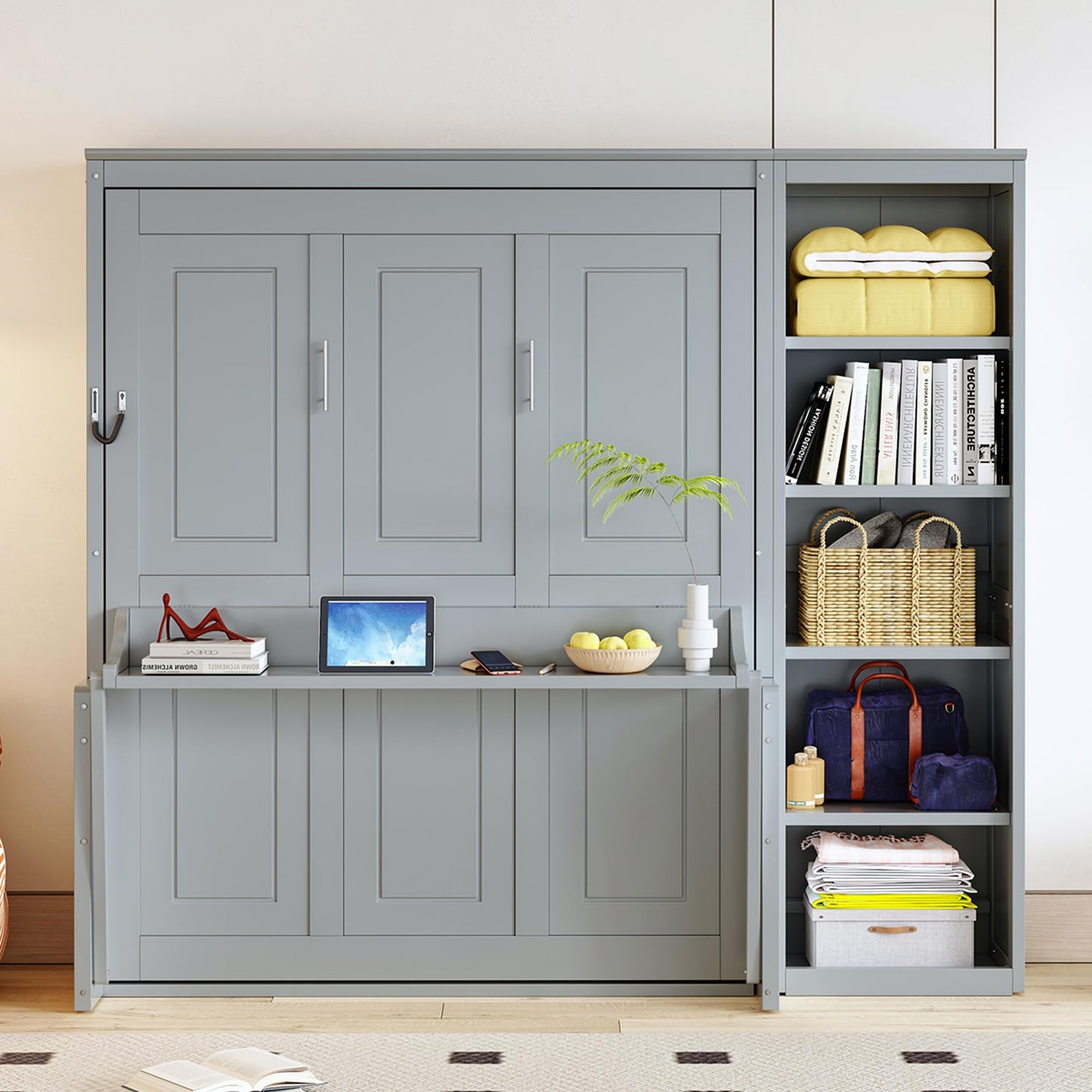Ball & Cast Murphy Bed Chest Full Size,Hideaway Wall Bedframe with Desk and Bookshelf,Space Saving Cabinet Bed w/Shelf,Slat Support,can be Folded,Bedroom Furniture for Small Space,Gray