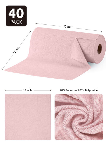 Fantasticlean Microfiber Cleaning Cloth Roll -40 Pack, Tear Away Microfiber Towels, 12" x 12", Reusable, Washable, Lint Free, Ultra Absorbent Dishcloth for Car, Pet, Kitchen Cleaning Supplies (Pink)