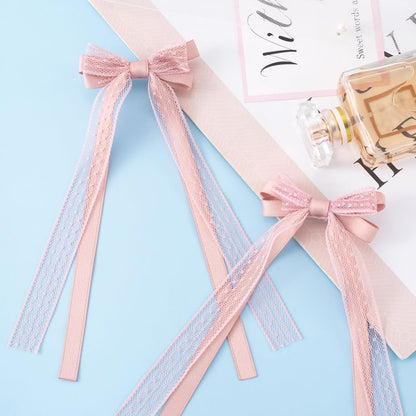 Skiennix Pink Lace Hair Bows - Cute Coquette Bow Clips with Long Tail Ribbons for Women | Perfect for Weddings & Events