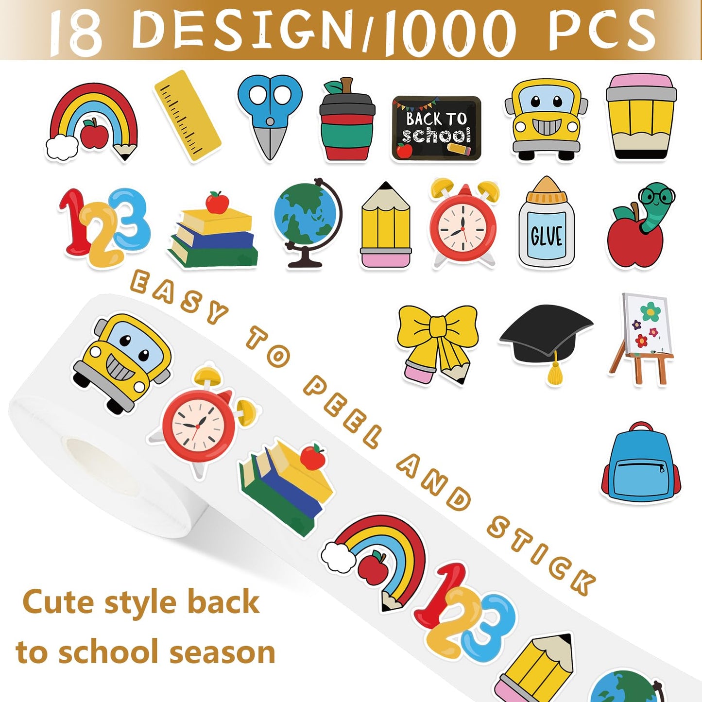 FYSUIMU 1000 Pcs Back to School Stickers Roll 18 Designs School Bus Apples Pencil Seal Stickers Self-Adhesive Label Decals for Craft Scrapbook Bottle Envelope Card Party Favor Decor