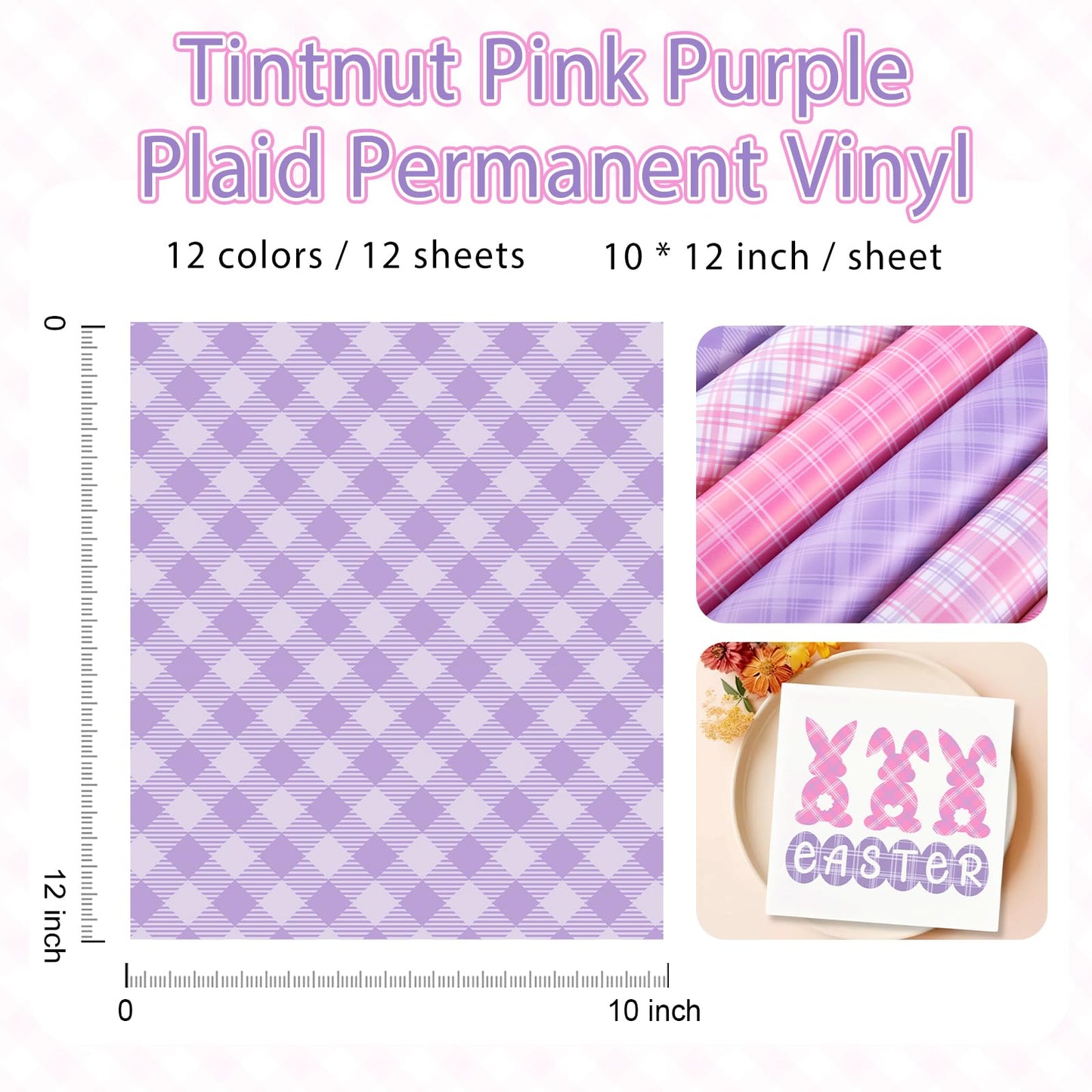 Tintnut Plaid Permanent Adhesive Vinyl - 12 Sheets 12''x10'' Pink Purple Plaid Pattern Vinyl for Cutting Machines, Waterproof Vinyl for DIY Crafts & Personalized Gifts