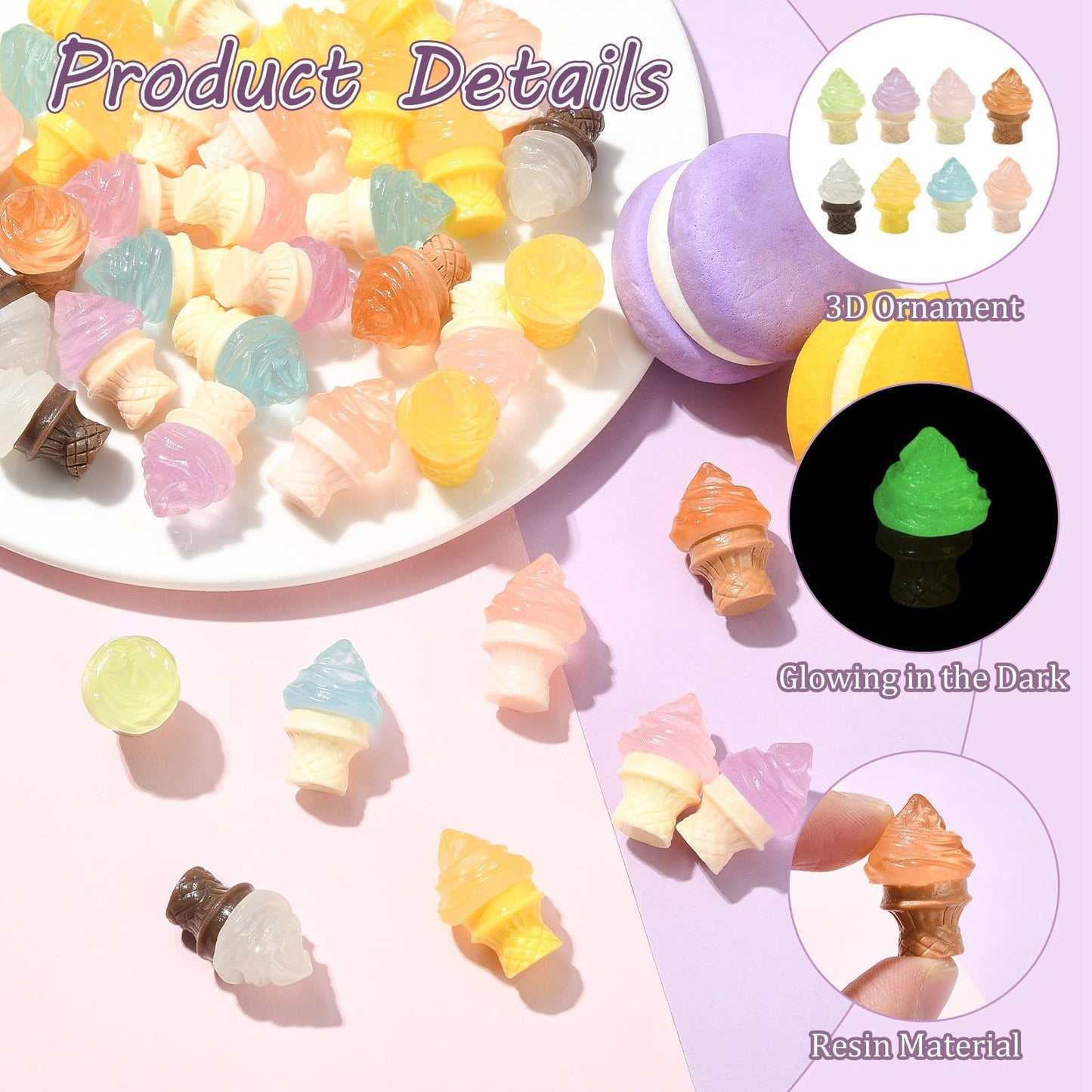 Stiesy 100pcs Luminous Resin Ice Cream Figurines Food Miniature Summer Display Ornaments Bulk Glow in the Dark for Micro Landscape Accessories Pretending Prop Decorations