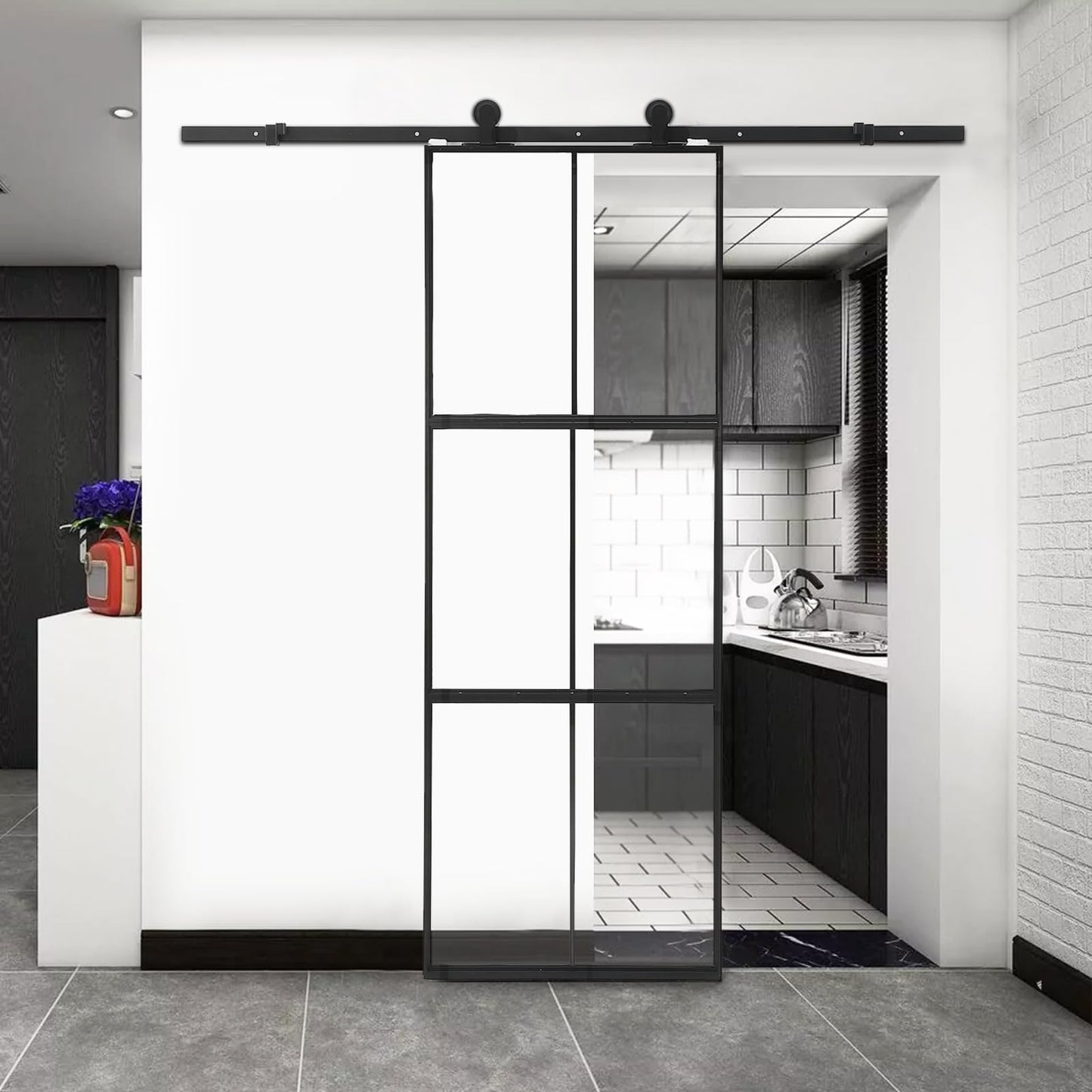 36 x 84" Glass Barn Door with 3-Panel Frosted Tempered Glass, 6 ft Top Mount Sliding Door Kit with Soft Close Mechanism,Black Carbon Steel Tempered Glass Sliding Door,Easy Assembly, Hardware Included