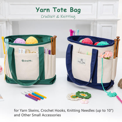 MYBAGZING Canvas Yarn Storage Organizer Bag Washable Crochet Bag with Pockets for Yarn, Hooks, Needles – Travel Knitting Tote for Crafters – Gift for Crocheters & Knitters (Medium/Large)