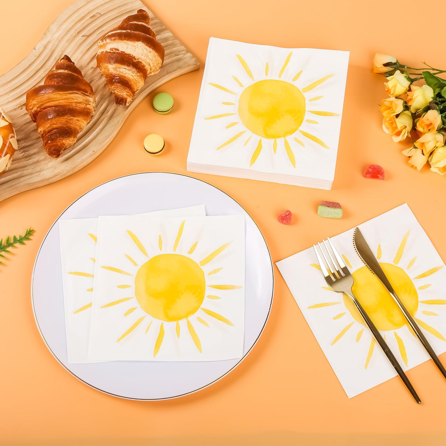 100Pcs Boho Sun Party Napkins First Trip Around The Sun Disposable Paper Napkins Hippie Summer Sunshine 6.5" Luncheon Cocktail Napkin for Birthday Baby Shower Party Supplies
