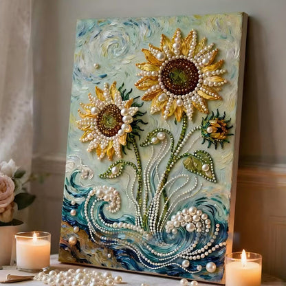 DIY Diamond Pearl Painting Kit for Adults, Sunflower 3D Pearl Painting Craft with Wooden Frame 15.75x19.69 inch, Beginner Friendly Home Wall Decor Art, Gift for Women Men Housewarming