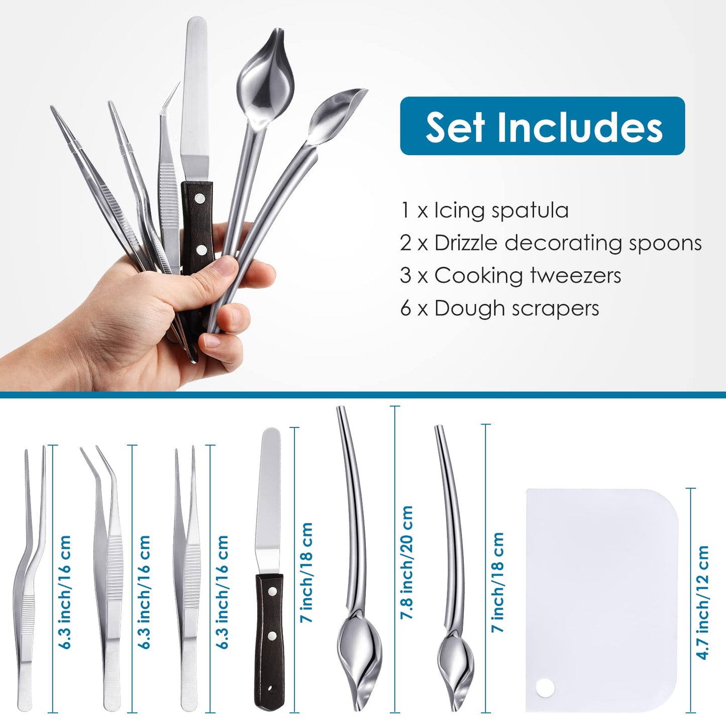 Patelai 12 Pcs Chef Plating Tools Plating Drizzle Spoons Cooking Tweezers Culinary Precision Stainless Steel Drawing Spoons Plastic Dough Scrapers Wood Icing Spatula for Chef Cake Candy Decorating