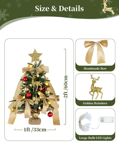 BLOSMON Small Christmas Tree with Lights: 2ft Mini Table Top Christmas Tree with 25 LEDs Timer Gold Ribbon Bow Reindeer for DIY- Lighted Artificial Xmas Trees for Home Office Desk