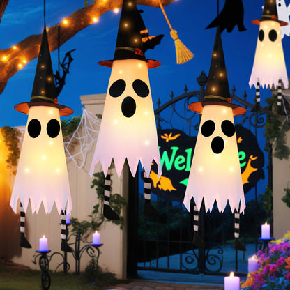 FENELY 3 Packs 38" Halloween Hanging Lighted Glowing Ghosts with Witch Hat and Foot, Outdoor Indoor Decorations for Home Party Yard Patio Garden Tree