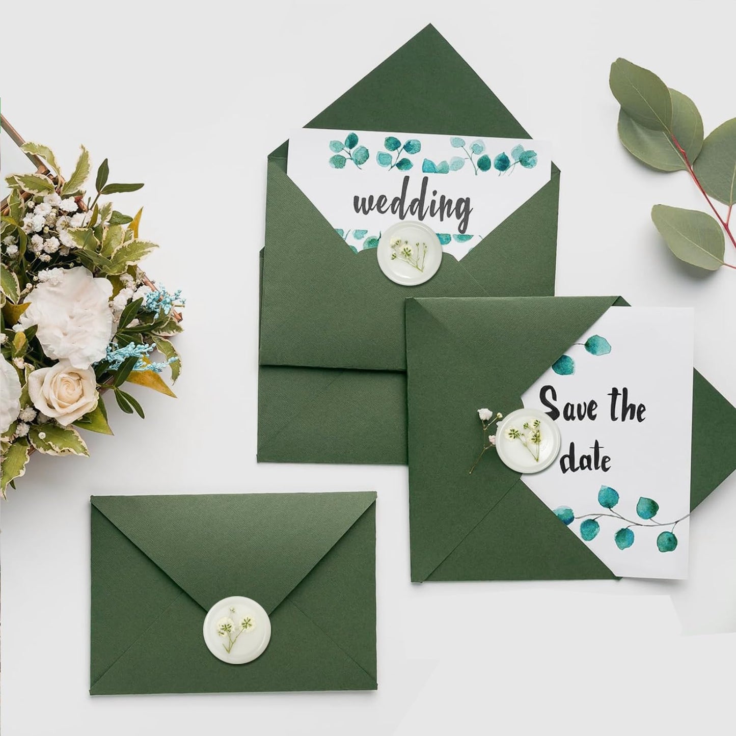 100 Pcs Baby's Breath Adhesive Wax Seal Stickers White Dry Floral Backing Envelope Seals Perfect for Wedding Invitations,Bridal Shower Party