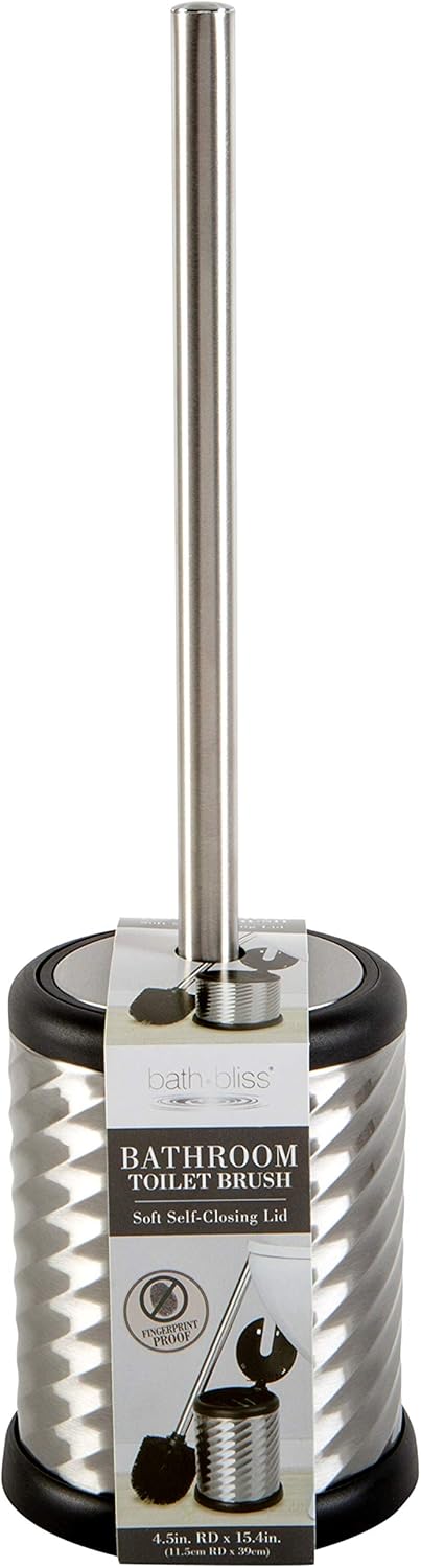 Bath Bliss Stainless Steel Swirl Toilet Brush Holder with Self Closing Lid