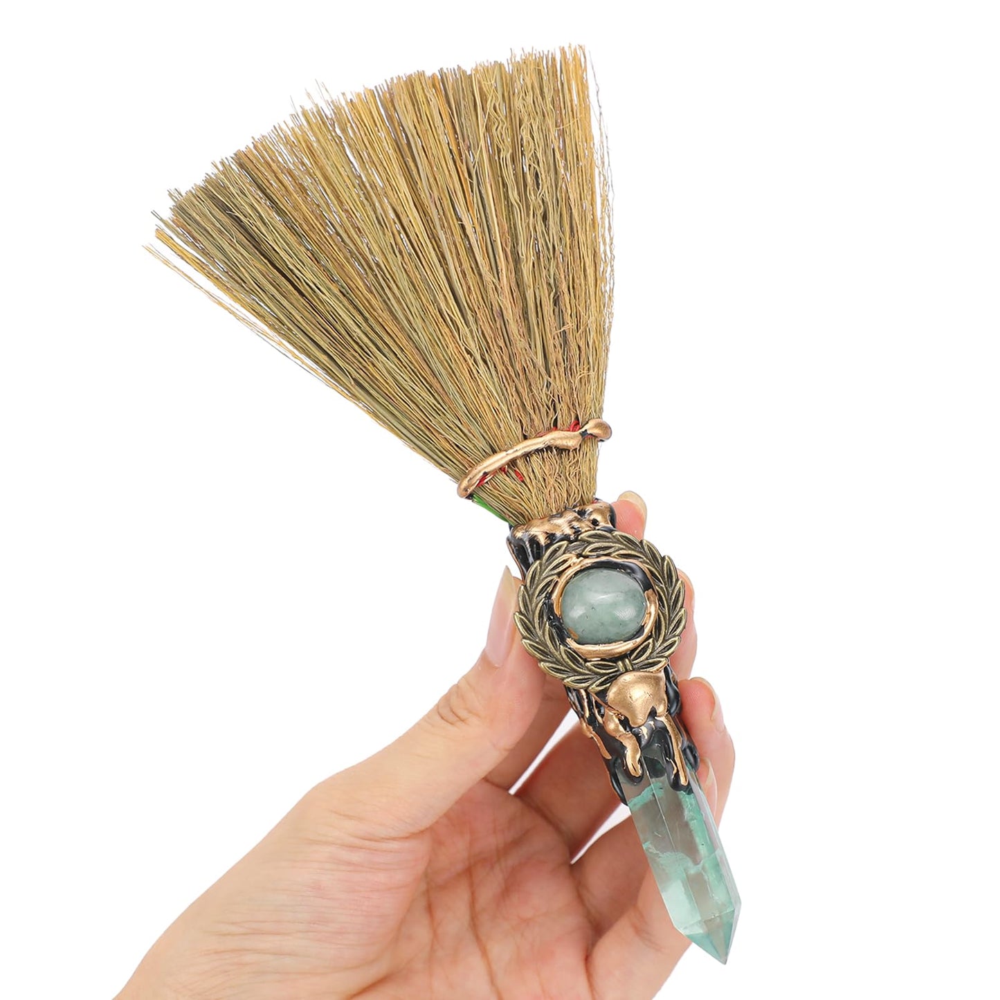 RENEMEGO Witch Broom Green Crystal - Witch Wiccan Altar Broom Witchcraft Witches Pagan Altar Decor Natural Reiki Energy Wand Stone Ritual Magic Ceremonial for Meditation Therapy Halloween Decorations