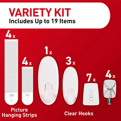 Command Clear Variety Pack, Including 8 Pairs of Picture Hangers, 4 Clear Wire Hooks and 11 Wall Hooks for Hanging Home Decor, Damage-Free Hanging Up to 19 Items with Command Strips