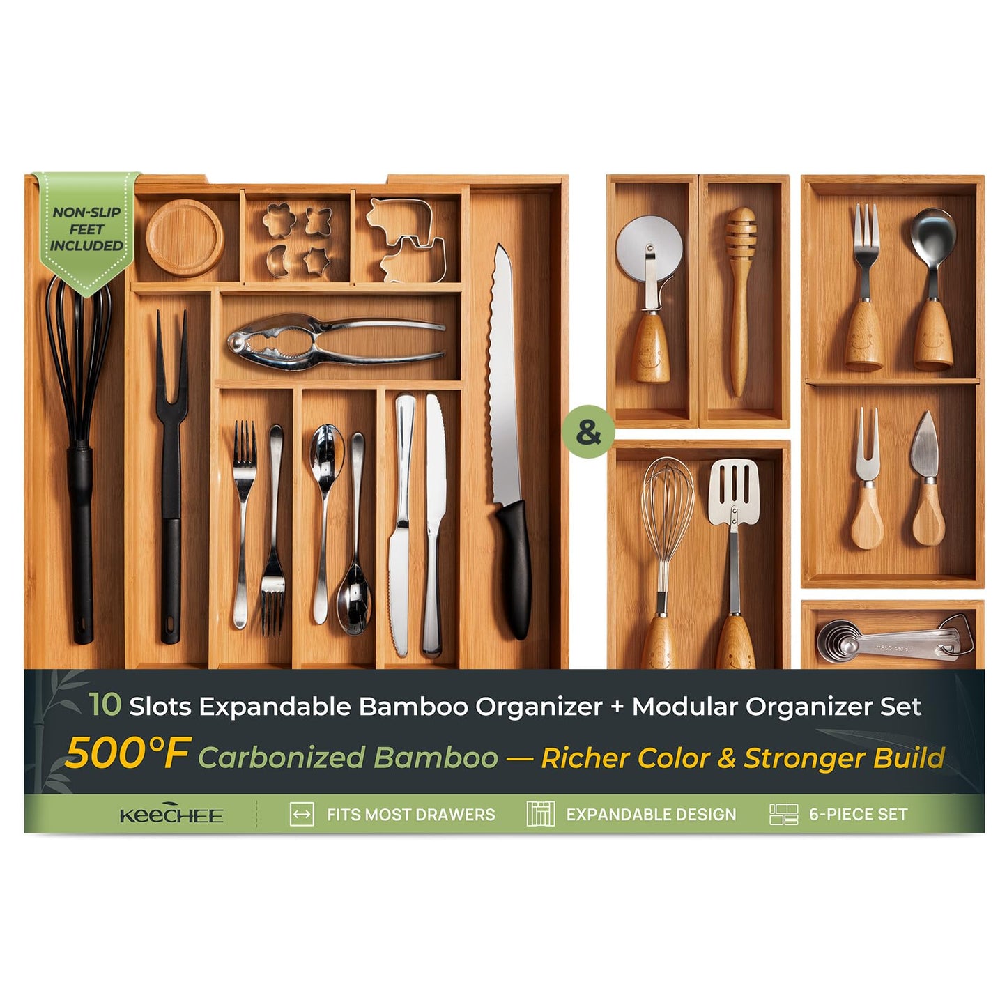Carbonized Bamboo Kitchen Drawer Organizer, 8 Slots Silverware Organizer, Utensil Holder & Cutlery Tray, 2.2" Deep for Extra Capacity, Non-Slip Feet Included