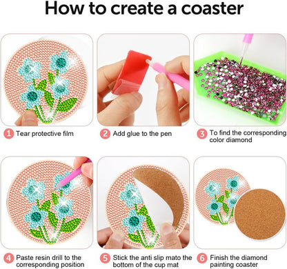 DOTZSO 8 Pcs Diamond Art Coasters Kit with Holder, Diamond Art Kits for Adults Beginners Small Diamond Painting Coasters, Arts and Crafts for Adults Supplies Item Sets (Flower)