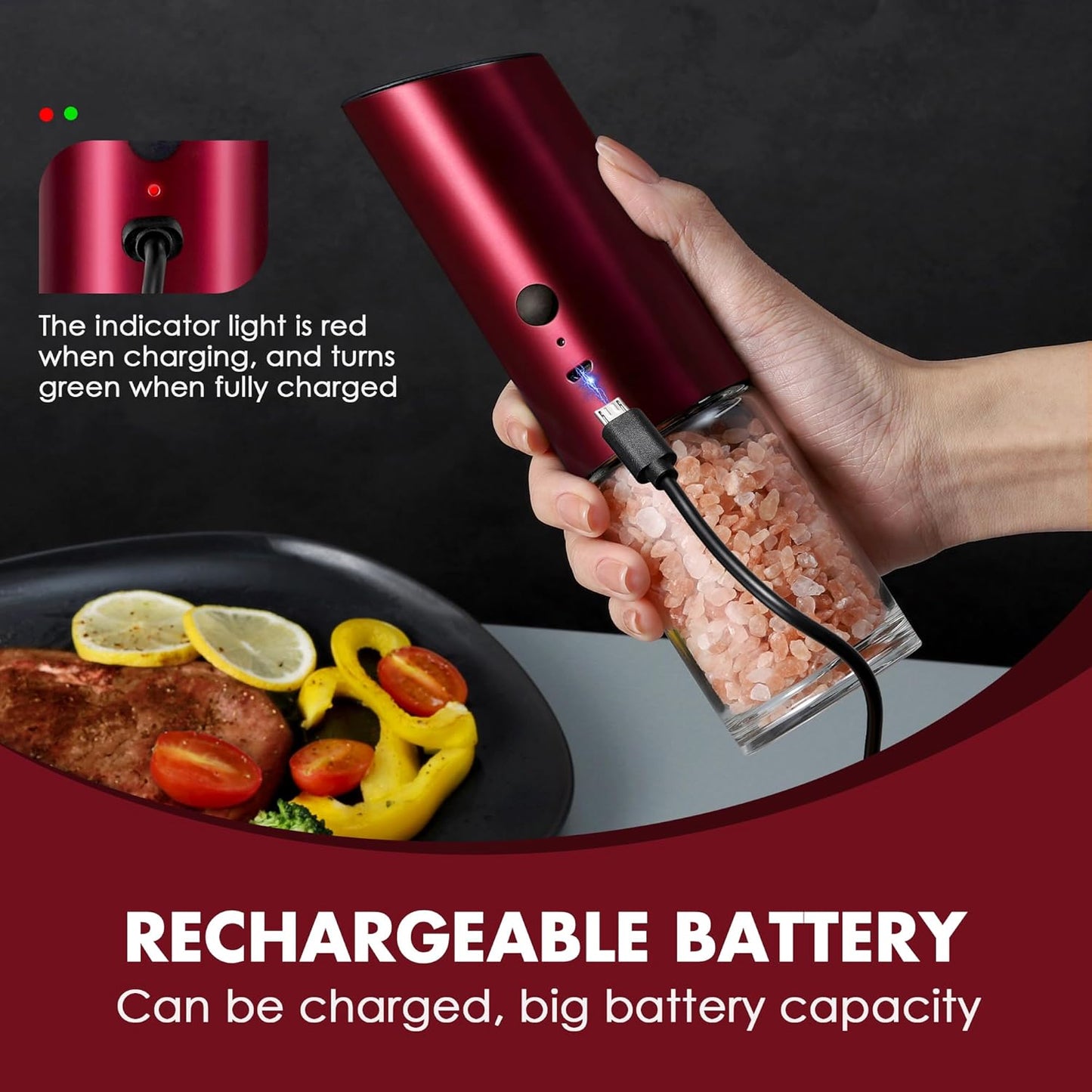 Vzaahu Gravity Electric Pepper and Salt Grinder Set of 2 - Rechargeable, Adjustable Coarseness, Stainless Steel with