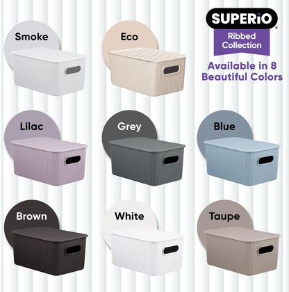 Superio Ribbed Collection - Decorative Plastic Lidded Home Storage Bins, Medium White (2 Pack)
