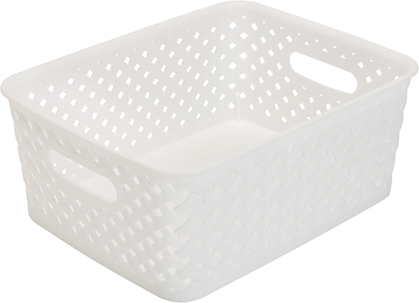 Simplify Small White Resin Wicker Tote | Storage Bin | Plastic Organizer with Carrying Handles for Bathroom