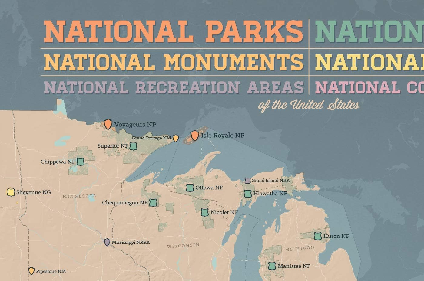 US National Parks, Monuments & Forests Map Poster 24x36 (Tan & Slate Blue)