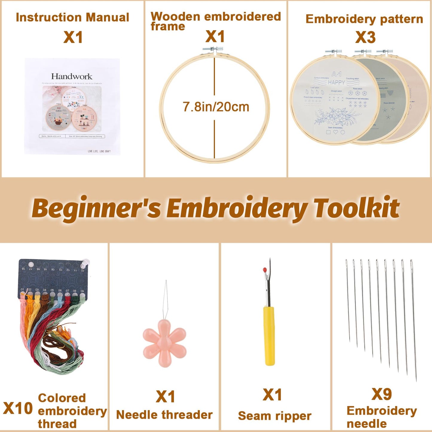 HuvRsu Embroidery Kit for Beginners, 3 Pack Starter Kit with Hoops, Colorful Threads, Pre-Printed Floral and Fruit Patterns, Full Tools and Instructions - DIY Craft Gift for Women Teens