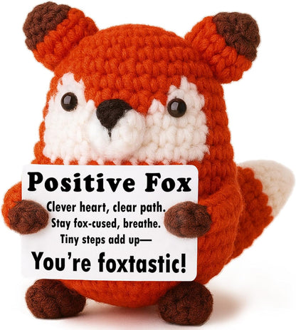 Positive Focus Mini Crochet Fox Plush | Kawaii Desk Decor with Pun Card for Year-Round Gifts