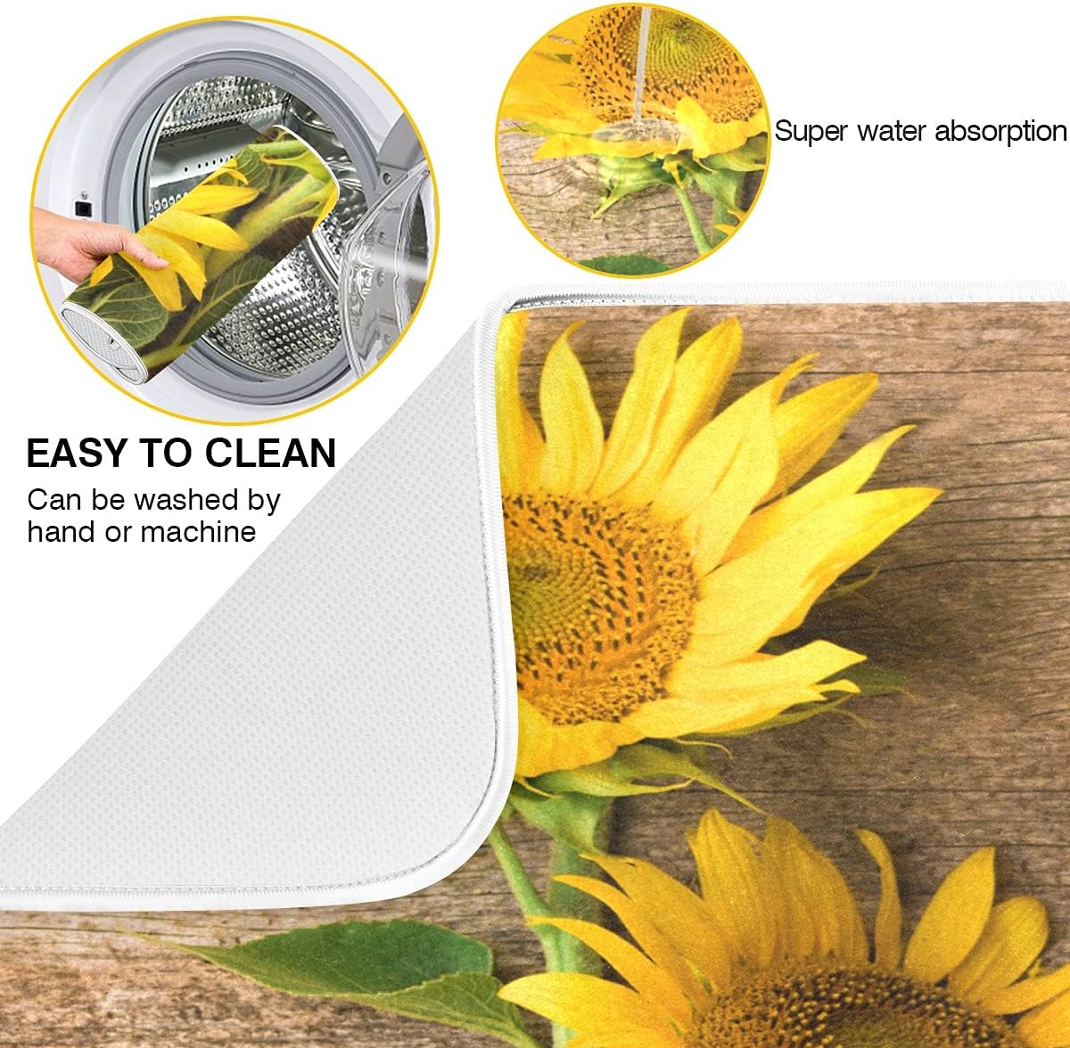 Absorbent Dish Drying Mat for Kitchen Counter, Yellow Sunflower Microfiber Reversible Drainer Mat (Medium 16 x 18 inch)