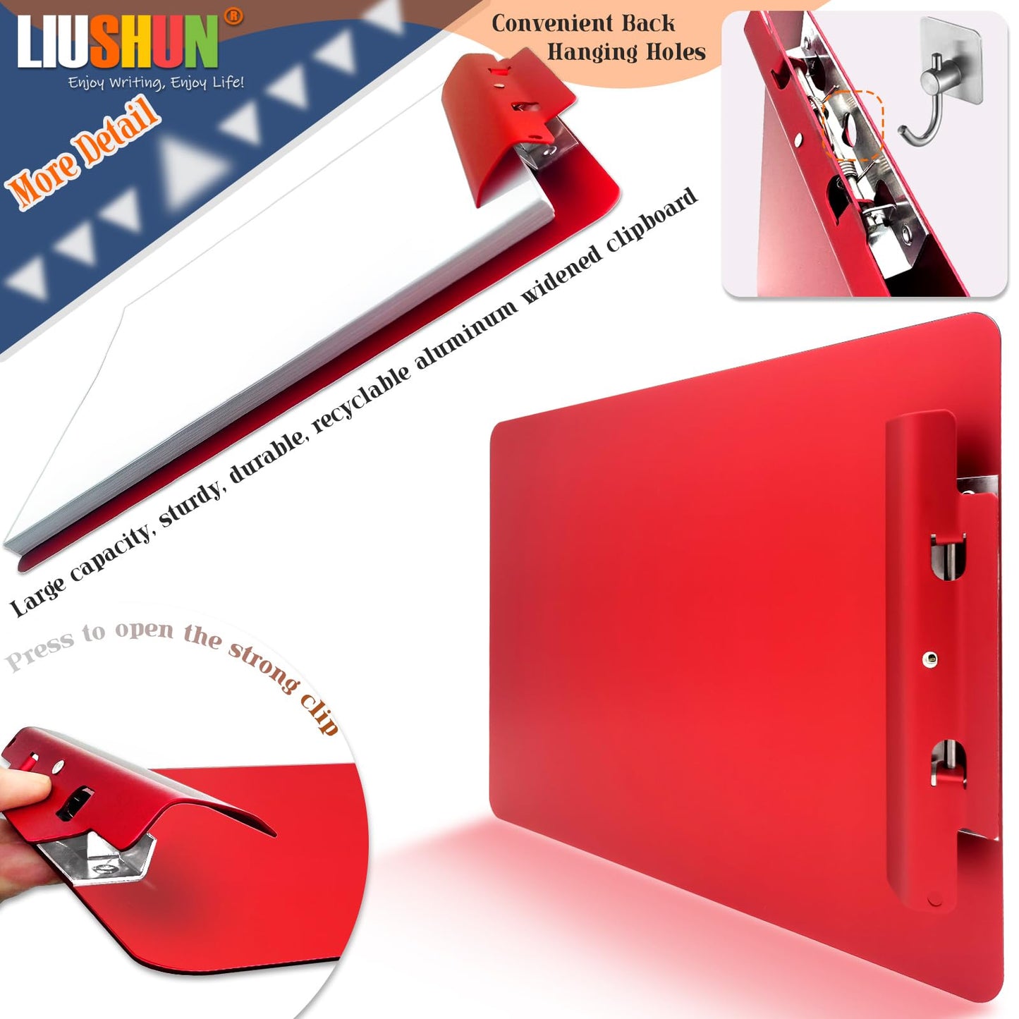 Aluminum Metal Clipboard Flat Heavy Duty Hangable Spring Clip Board with Pen Chain Hole Letter Size A4 9.25" x 12.6" for School Office Business Medical Professionals Workshop Factory (Red, A4)
