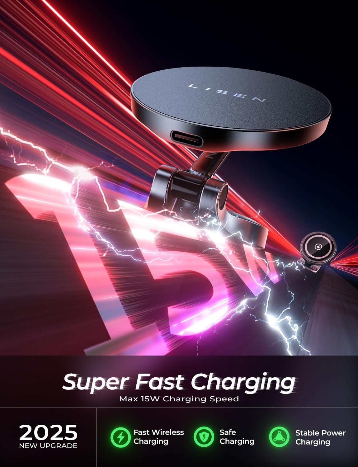 LISEN for Magsafe Car Mount Charger, 15W Fast Charging Magnetic Wireless Car Charger [Mini & Metal], 2025 Ultra Magnetic Car Phone Holder Dashboard for iPhone Car Mount for iPhone 16e Pro Max 15 14 13