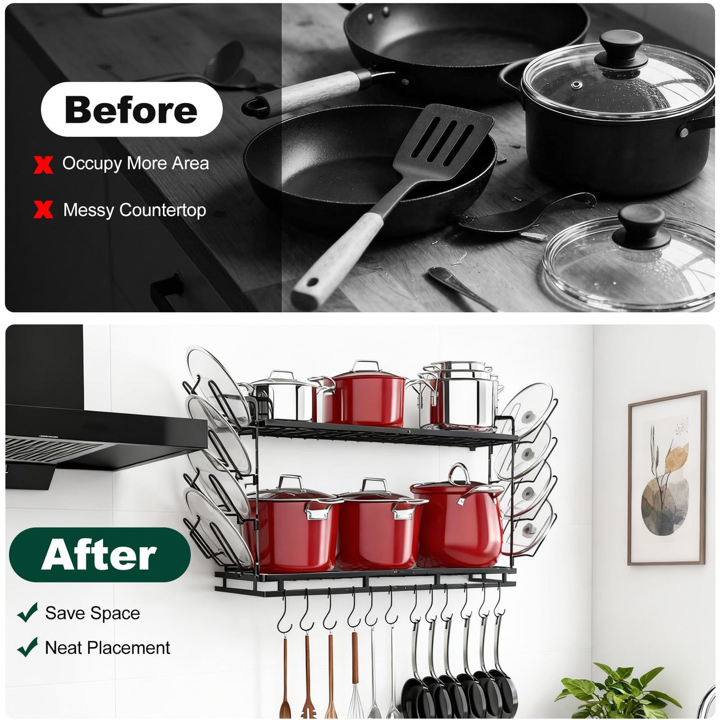 Housolution Pot Rack Wall Mounted, 22''-30'' Length Expandable, 3 Level Height Adjustable, 2 Tier Heavy Duty Hanging Cookware Pan Organizer with 12 Hooks and 8 Lid Holders