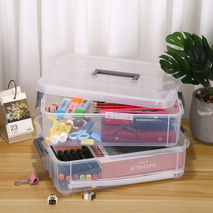 JUXYES 2-Tiers Stack Carry Storage Box With Handle, Transparent Stackable Storage Bin With Handle Lid Latching Storage Container for School & Office Supplies