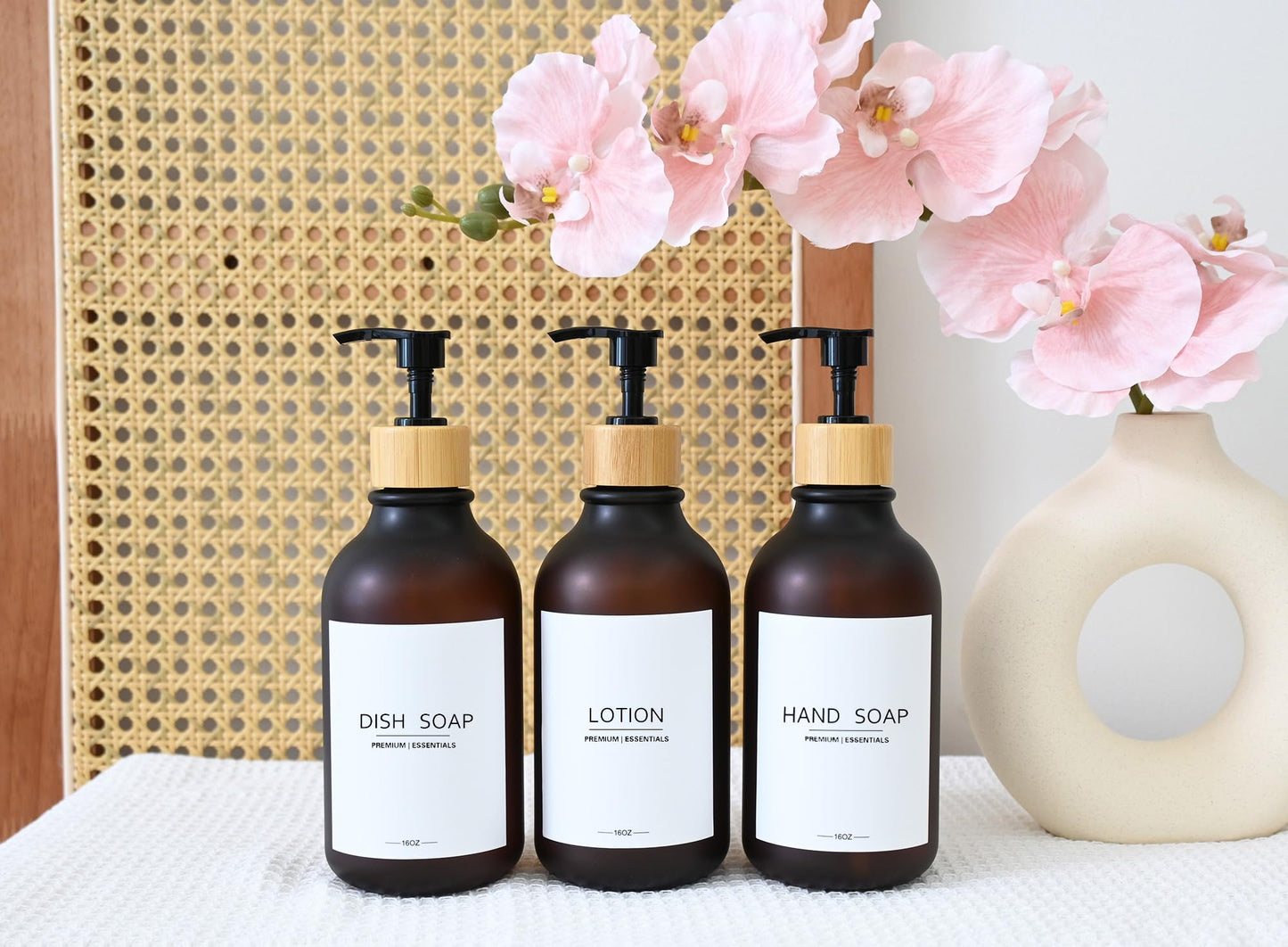 Frosted Plastic Shampoo and Conditioner Bottles, Apothecary Dispenser Bamboo Pump, Refillable Bottles for Shower Lotion, Oil, Hand Soap, Sanitizer, Liquid Soap, Set of 3 with 9 Labels (6, Matte Amber)