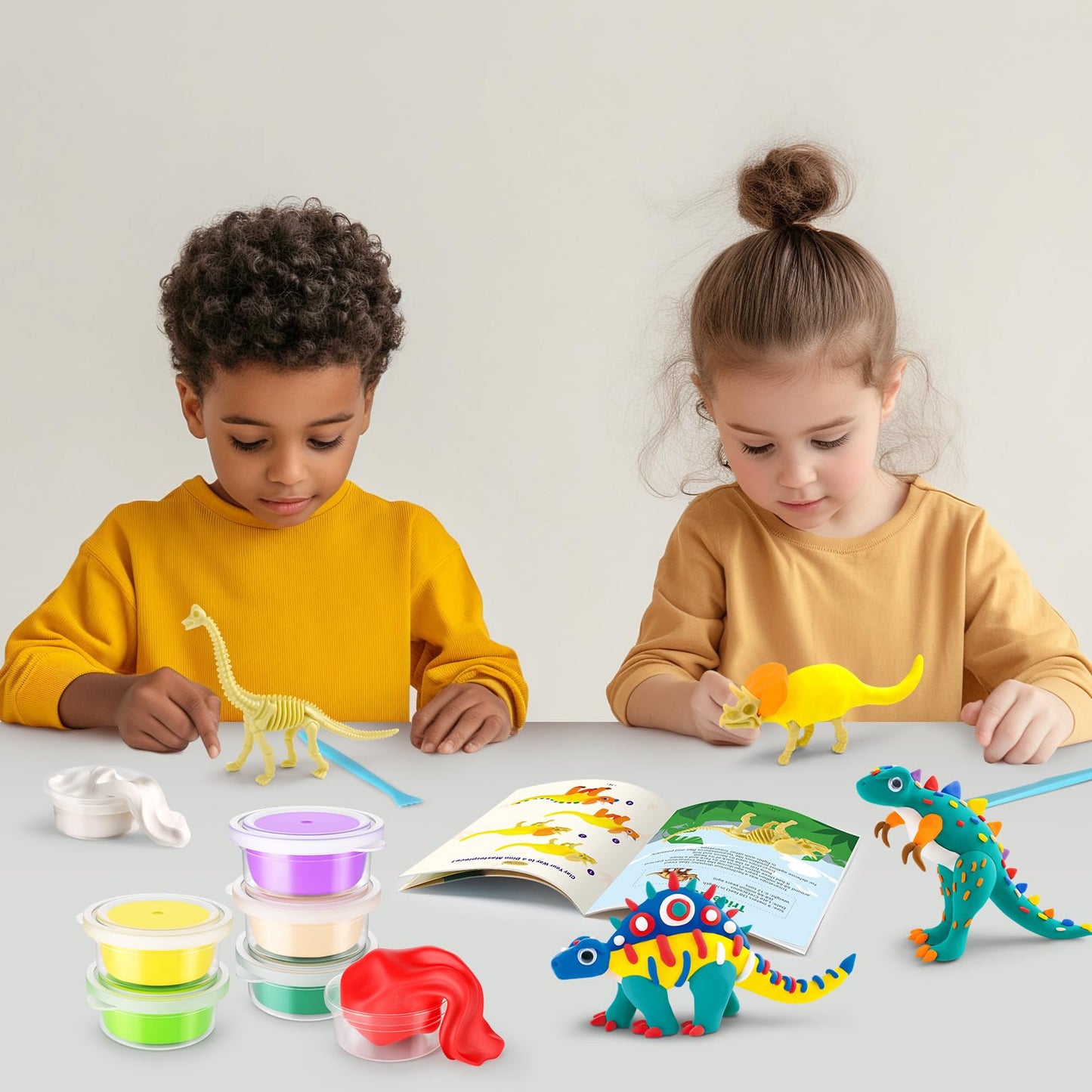 Drama Planet Dinosaur Air Dry Clay Kit – Create 5 Dinosaur Models with 12 Colors of Modeling Clay, Instruction Guide – Fun & Educational Craft Set for Kids