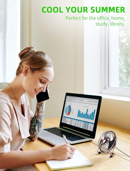 xasla 4 Inch Small USB Desk Fan, Mini Quiet Fan with Metal Construction, Strong Airflow, 360° Adjustable Tilt Angle