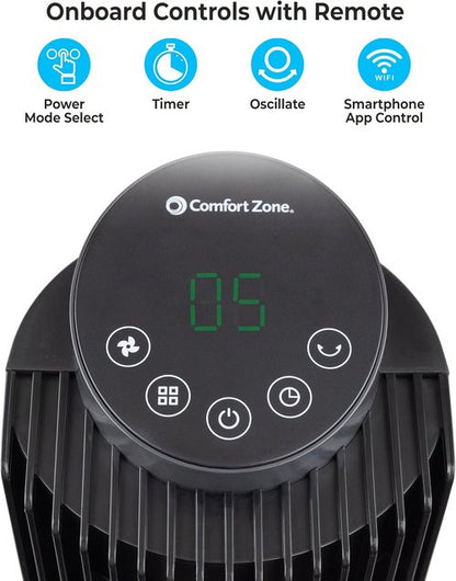 Comfort Zone Smart Wi-Fi Oscillating Tower Fan - Bladeless, 5 Speeds, Remote Control, 36-42" Height