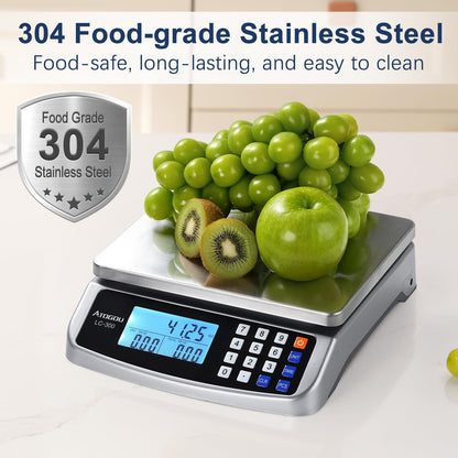Atogou 66lb Food Scale, Commercial Kitchen Scale with Price Computing, Plug-in Usable, 0.05oz/1g, 304 Stainless Steel, for Cooking, Vegetables, Farm, Industry, Counting. LC300 Silver
