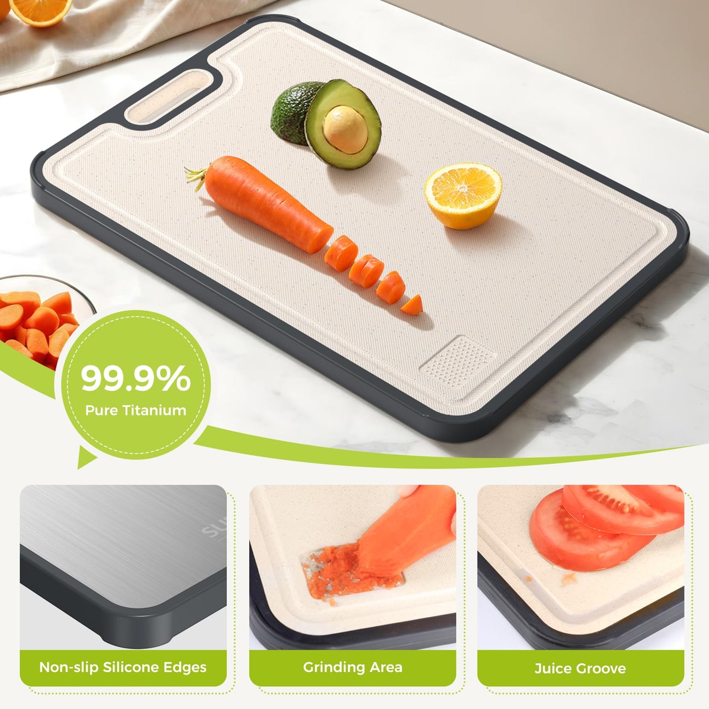 Titanium Cutting Board for Kitchen, Cutting Board Double Sided Food Grade, Pure Titanium and Wheat Straw PP, Dishwasher Safe Easy to Clean Large Size 16”×11”