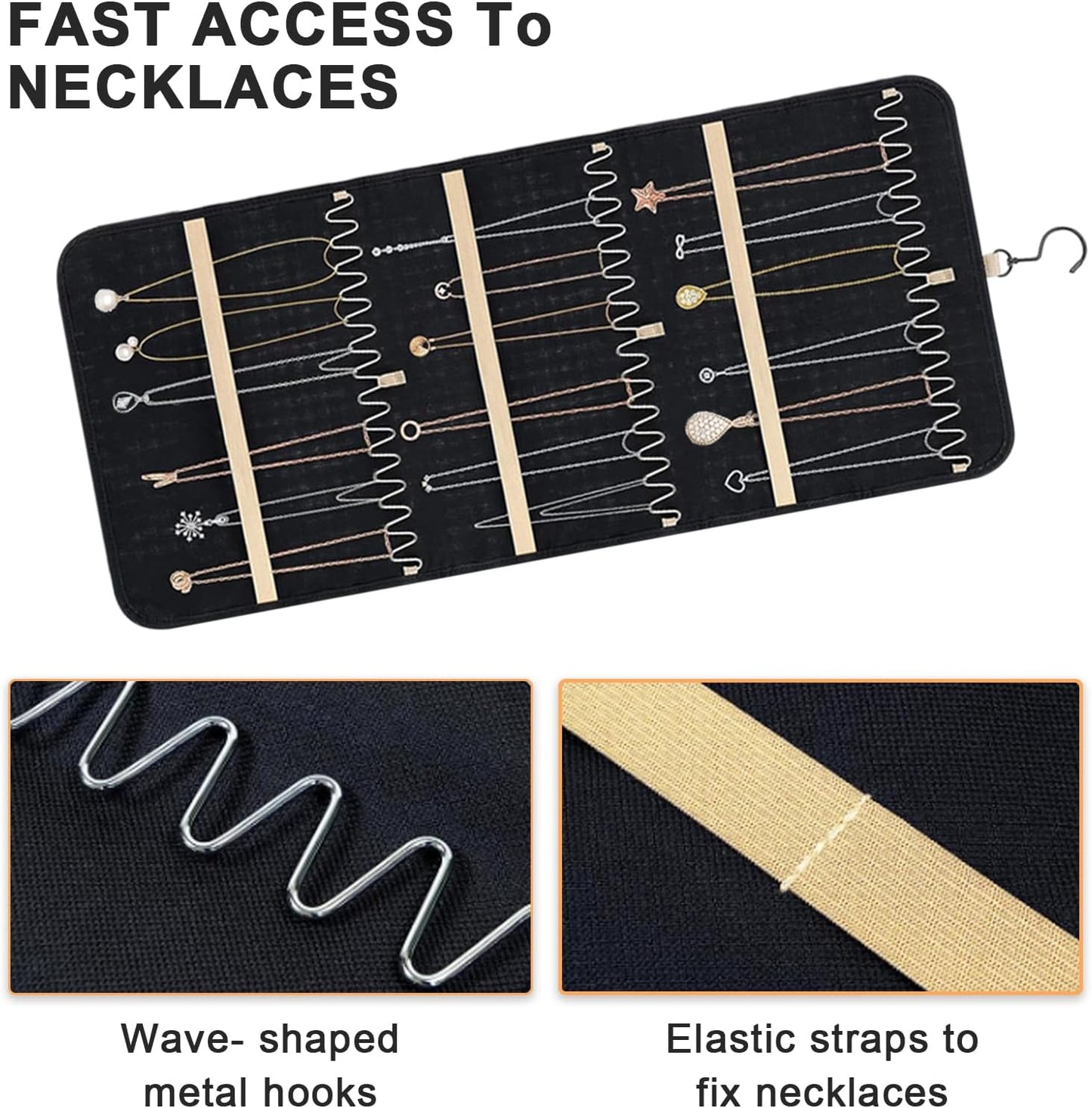 Hanging Jewelry Organizer - Double Sided with 32/48 Pockets, 14/21 Hook Loops, Foldable Travel Jewelry Roll