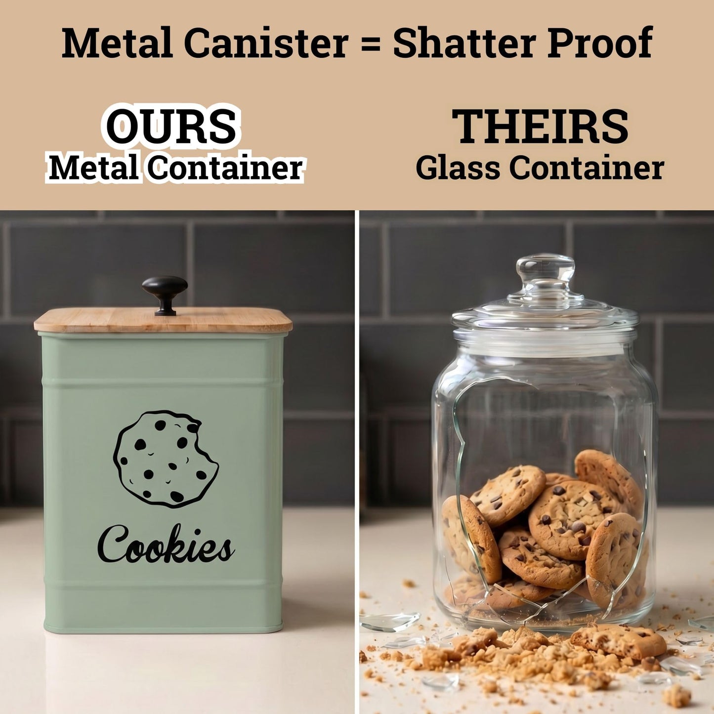 Cookie Jar with Airtight Lid - 1 Gallon - 6"D x 8"H Green Iron Cookie Tin with Bamboo Lid - Large Cookie Jars with Lids Airtight - Farmhouse Cookie Jars for Kitchen Counter Decorative - Cookies Jar