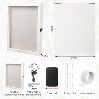 Jetec 12 x 16 Baby Shower Shadow Box Large Baptism Gift Baby Keepsake Box with Linen Back Hello World Newborn Sign Ink Pad Wood Memory Frame Case for Gender Reveal New Dad Mom Keepsake(White)