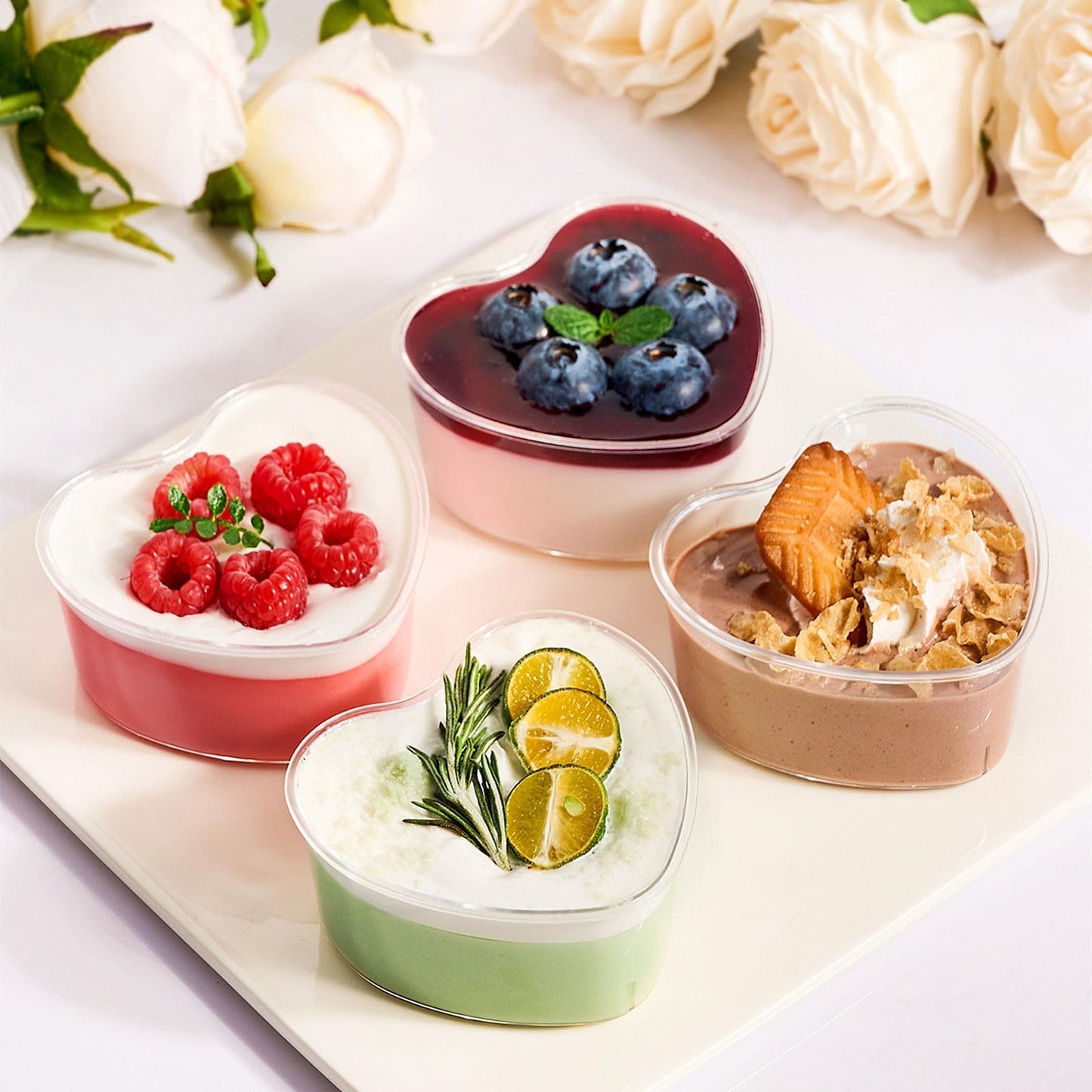 TOFLEN 5 oz Heart Shaped Dessert Cups with Lids and Spoons 300 Pcs | Serves 100 | Mini Plastic Dessert Shooter Cups for Parfait, Cheesecake, Mousse, Appetizers, Jello Shot and Puddings
